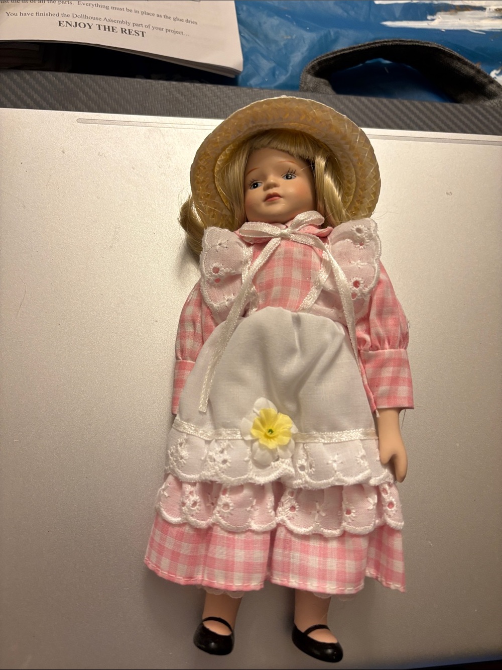 Peabody & Wright Pink Plaid Girl Doll in White Apron and Straw Hat
